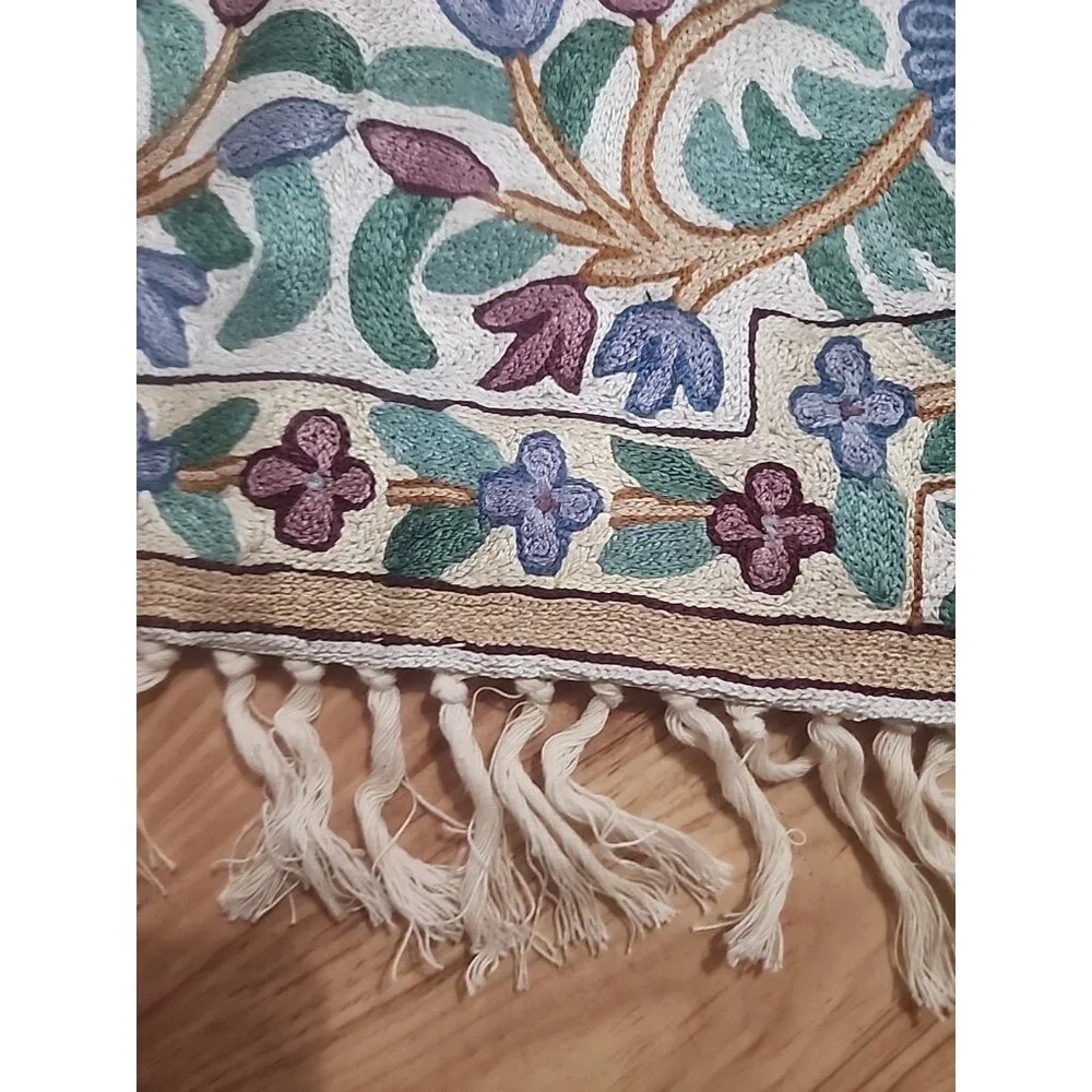 Vintage Kashmiri Crewel Chain Stitch Floral Rug Wall Hanging Boho 2 x 3 Tapestry
